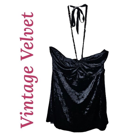 THE LIMITED VINTAGE Y2K BLACK VELVET BABYDOLL STRAPLESS HALTER TOP BEADED, MED - Picture 1 of 10